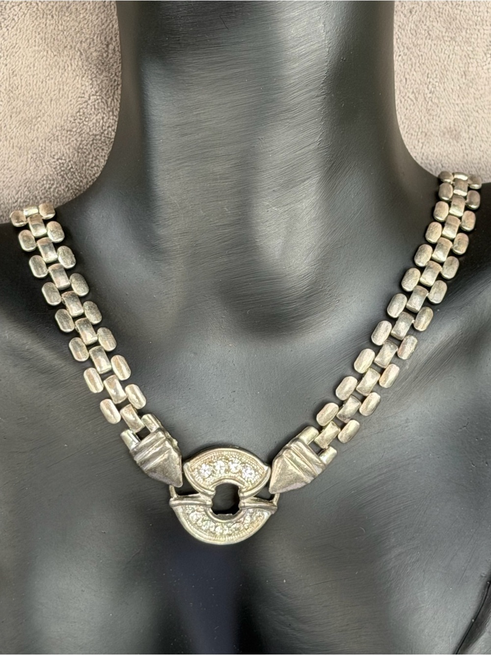 Sculptural Silver Tone Link Necklace with Rhinestone Center